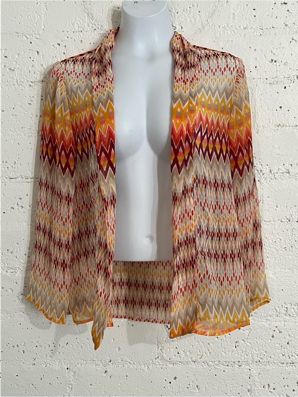 Chico's Womens Cardigan Top 1 (M) Orange Chevron Open Front Sheer 3/4 Sleeve C6